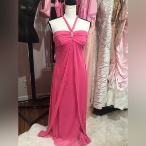 Pink Crystal-Embellished Halter Prom Gown | Empire Waist Evening Dress